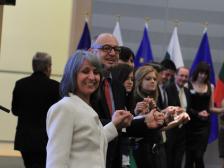 Emil Stoyanov and the Vice-President of the Republic of Bulgaria Margarita Popova are leading the "horo" dance during the celebration in Brussels